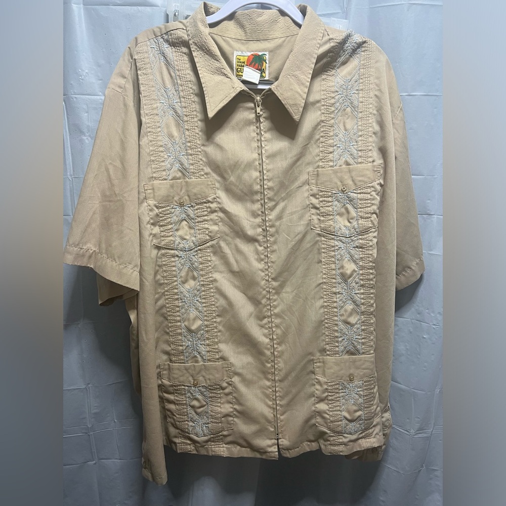 Vintage Haband Guayabera Cuban Zip Front Tan/Baby Blue Shirt Size 3X